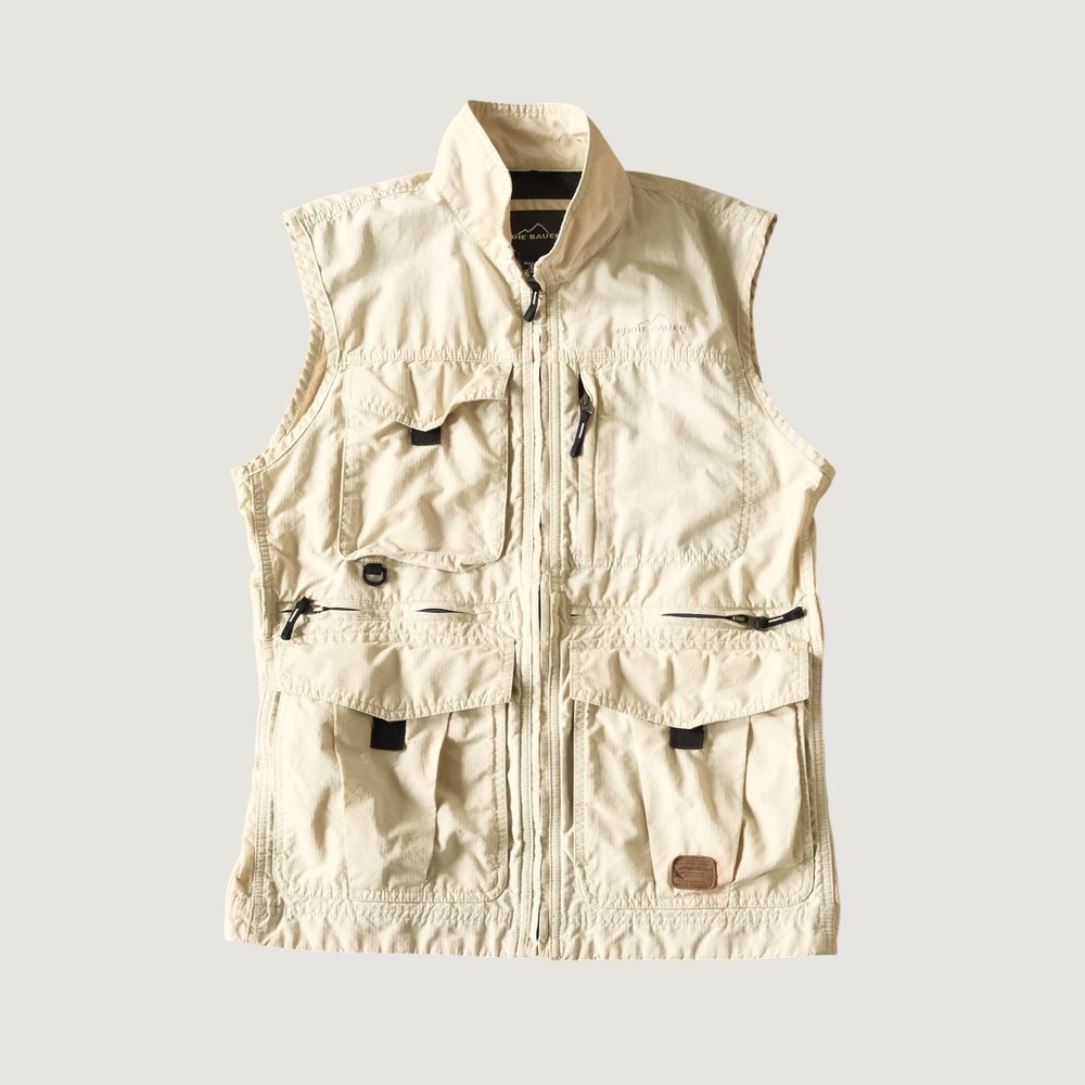 Eddie Bauer Vest Utility Fishing Hiking Beige Ripstop Multi-Pocket Mens Size S